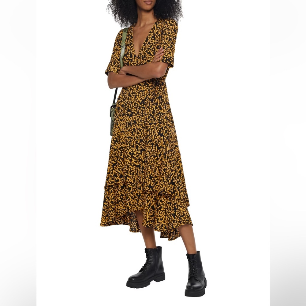 Ganni Dexter Goldstone Black and Gold Floral Midi Wrap Dress with Flared Skirt - Picture 8 of 9
